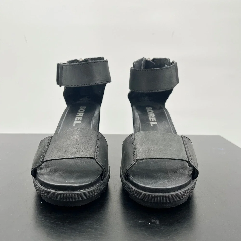 Sorel Joanie II Wedge Sandals Womens 6.5 Black Leather Ankle Strap NL3217-010